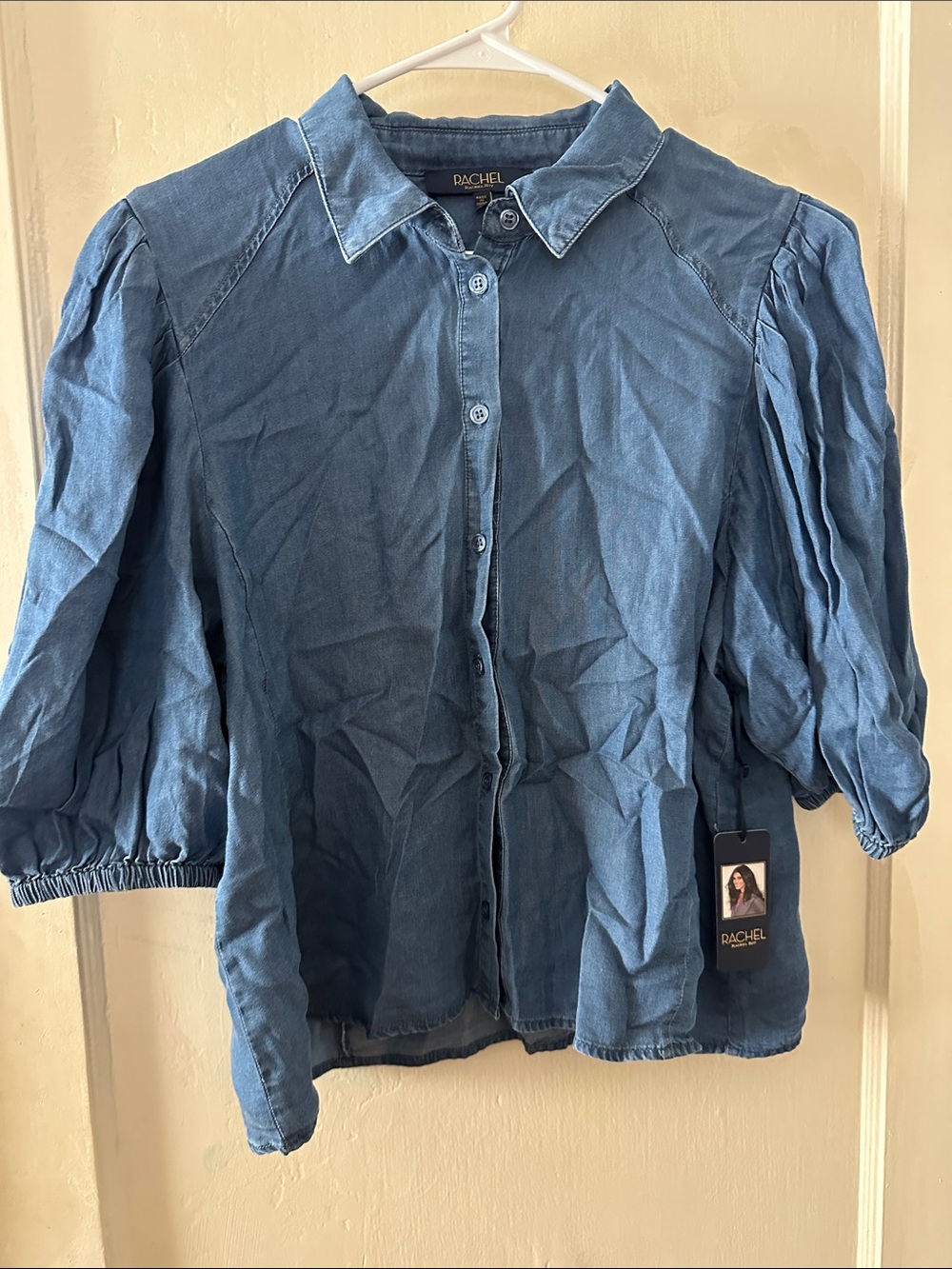 Rachel Denim-Style Button Front Puff Sleeve Shirt - Blue
